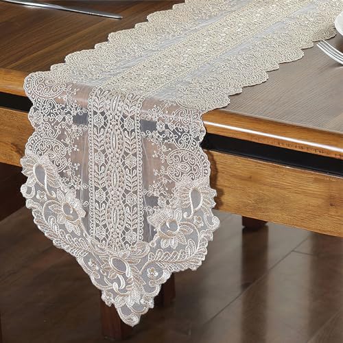 auons Camino de mesa de encaje champán, macramé, floral, bordado, tocador, bufanda, vintage, elegante, camino de mesa para el hogar, boda, fiesta, banquete, decoración de mesa, 30,5 x 305,9 cm