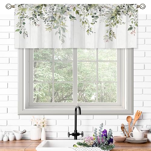 Oolygoo Rustic Sage Green Eucalyptus Leavses Valances Kitchen Curtains Watercolor Floral Flower Plants Botanical Farmhouse Wooden Bedroom Living Room Treatment Tier Fabric 1 Panel 52Wx18H Inch thumb #2