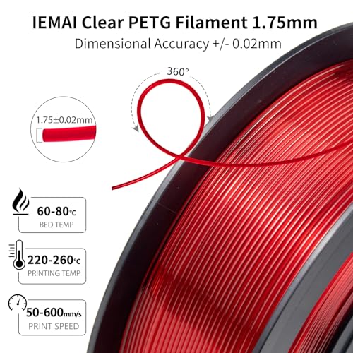 Image of IEMAI Clear PETG Filament 1.75mm Red 1kg, Glossy Transparent Finish 3D Printer Filament Up to 600mm /s High-Speed Printing for Lampshades, Home Decor & DIY Models