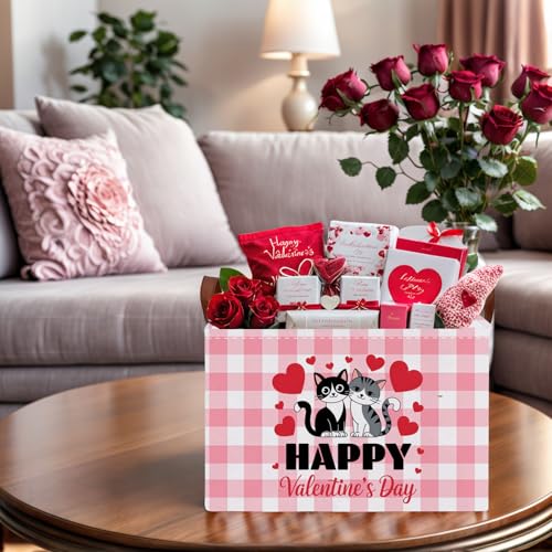 Image of Cute Large Valentine's Day Gift Basket Empty Heart Decor Storage Bin for Kid Baby Room Decor (Pink Checkered Cat)