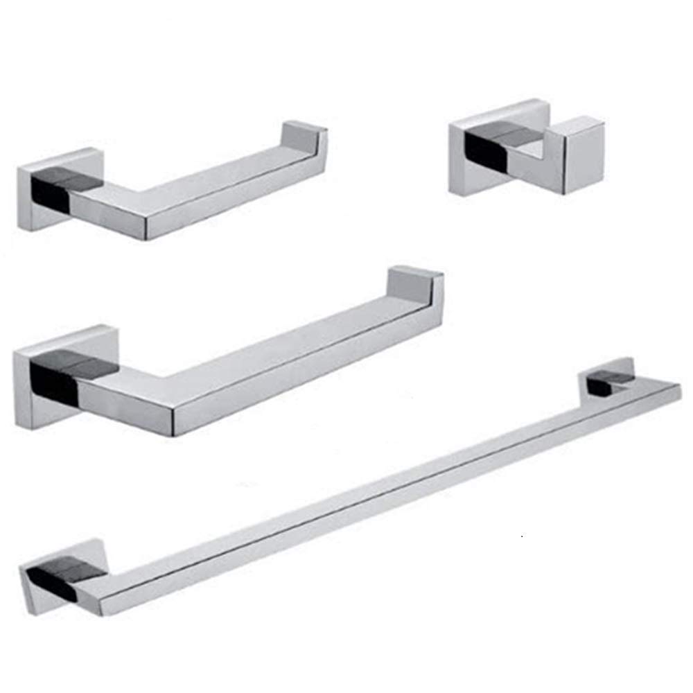 BigBig Home Bath Hardware Sets 4pcs SUS 304 Stainless SteelToilet Paper Holder Towel Ring Robe Hook Towel Bar Square Wall Mounted Polished Chrome Finish Modern Style Bathroom Accesssories