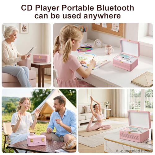 Image of Gueray Retro CD Player Portable Bluetooth: Vintage CD Players for Home with Speakers CD-Player 3600mAh Rechargeable & Radio & Remote Control Support USB /AUX Playback Headphone Jack (Pink)