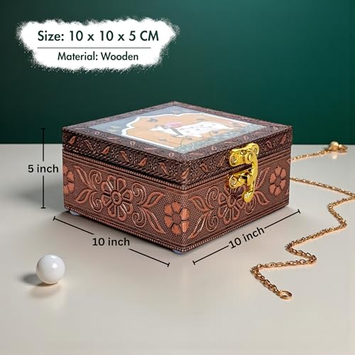 Image of Wooden Jewellery Box for Women - Royal Teal | Handcrafted Pichwai Design with Lock | 4x4 Inch Organizer for Earrings Rings | Return Gift for Wedding Diwali Pooja