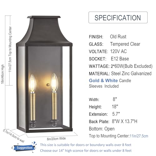 Image of 18 inchMedium Classic Outdoor Wall Lantern Light For House Exterior,Handcrafted Old Rust Metal Cage Mounted Pocket Wall Sconce W /Clear Tempered Glass,Waterproof for Porch, Patio, Garage&Front Door E12