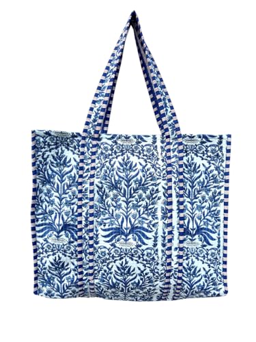Image of Quilted Cotton Hand printed Reversible Large multicolor cotton Tote Bag,Indian Handmade Block Printed Tote Bag Women Handbag