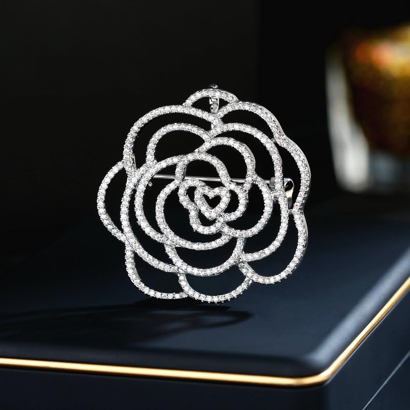 Image of Stunning 14K Gold Moissanite Camellia Brooch,With Openwork Design and Pearl Embellishments ,Ideal Shawl Buckle Accessory & Beautiful Gift
