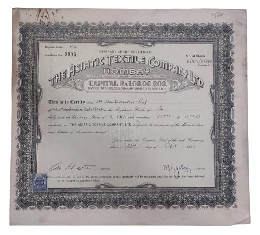 Mahaphilla British India 1945 The Asiatic Textile Company Limited Share Certificate Used for Collection Yellow