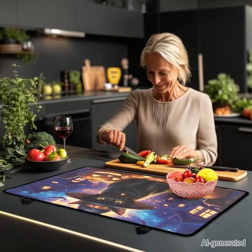 Image of Cat Pumpkin Stove Top Covers for Electric Stove Heat Resistant Stove Mat with Anti-Slip Rubber Base Folding Dish Drying Mat for Kitchen Easy to Clean Halloween Decor for Kitchen