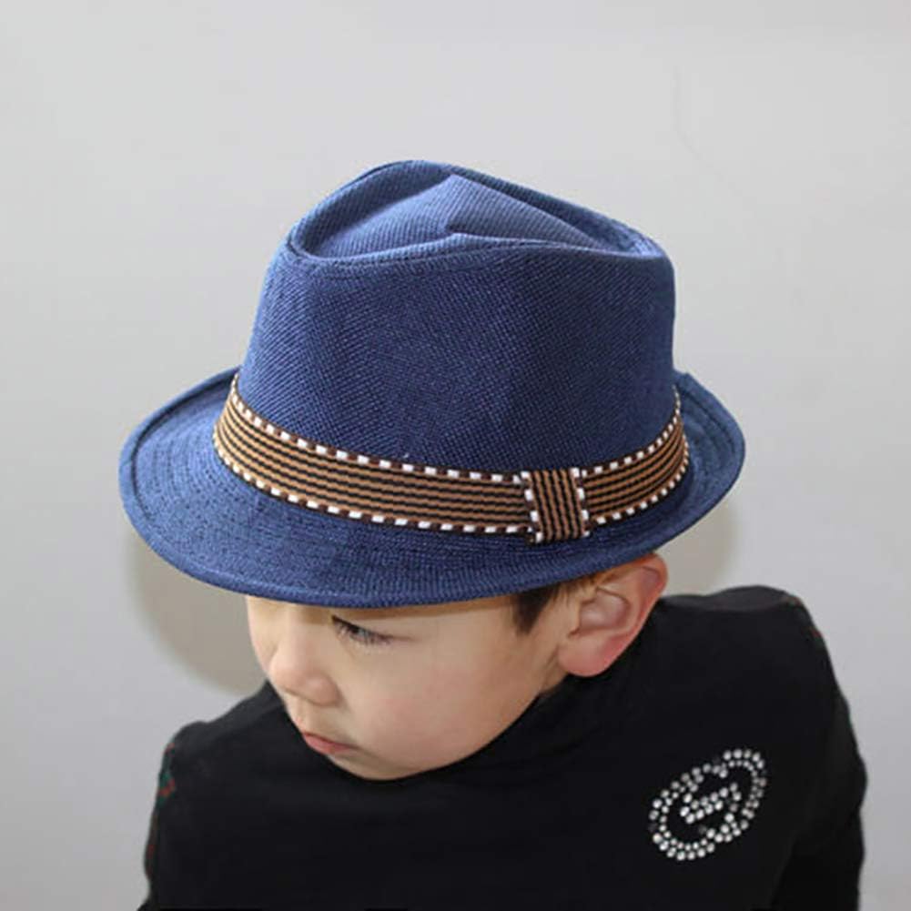 Kids Jazz Hat Panama Style Trilby Fedora Straw Sun Hat Short Brim Summer Sun Beach Cap for Boys Girls 3-5Years