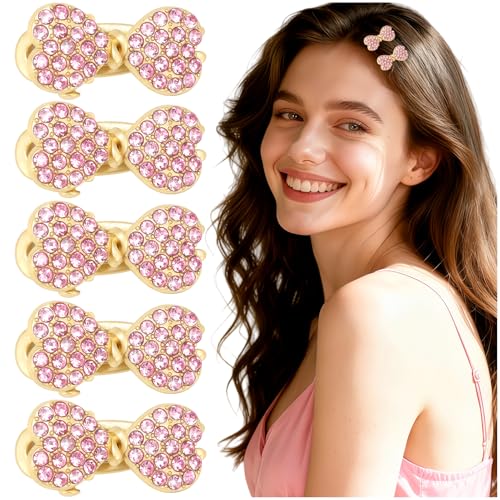 5Pcs Rhinestone Bow Hair Clips for Women Girls Small Metal Alligator Hair Barrettes Tiny Mini Pink Hair Bows Y2k Cute Non-slip Coquette Crystal Bow Hairpins Concert Party Hair Accessories image 5