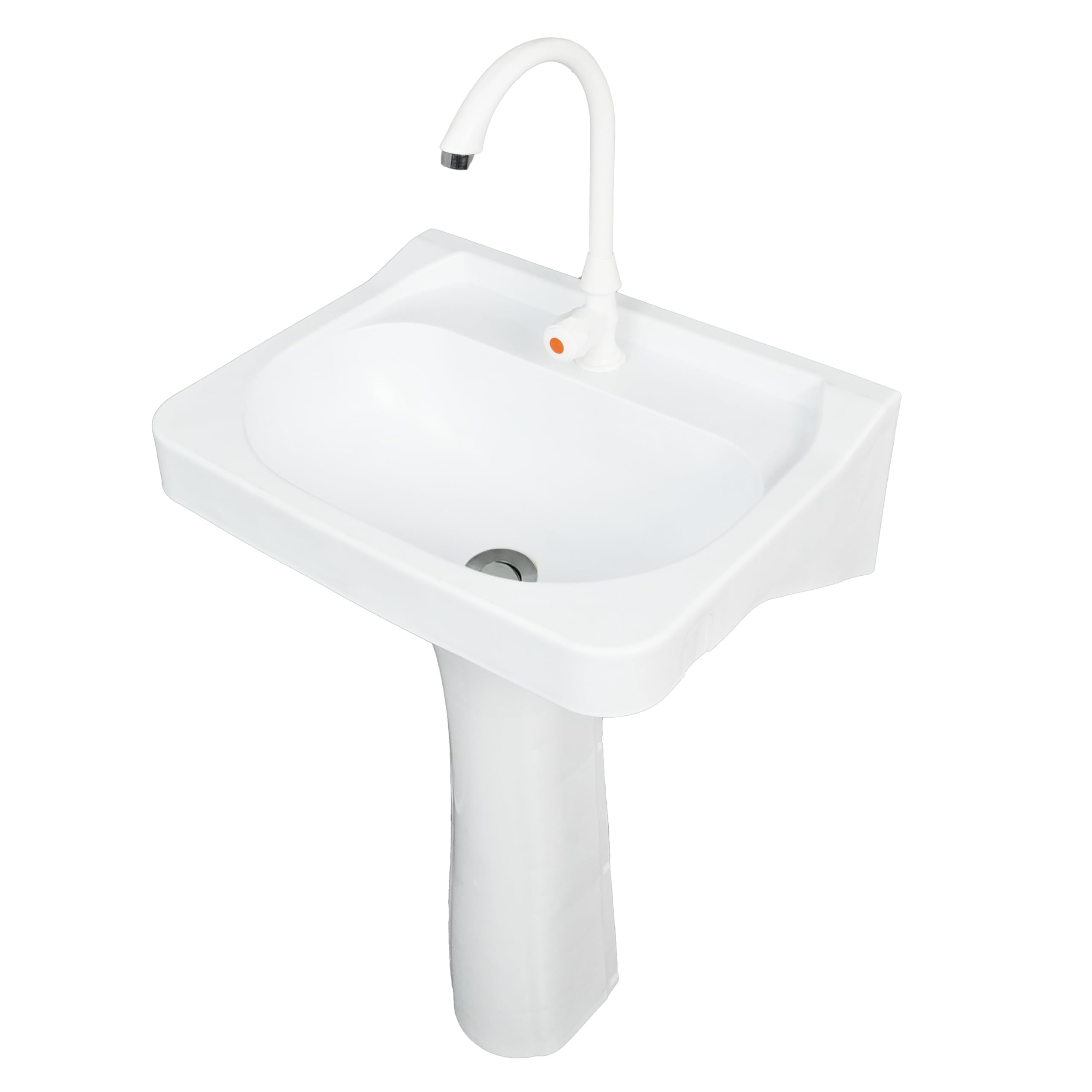 Fregadero de pedestal de plástico pequeño para baño, 19.6 x 15.3 x 31.5 pulgadas de alto, instalación sin taladro, lavabo autoadhesivo con agujero para grifo para lavabo, lavabo, columna, lavabo