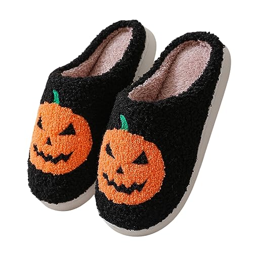 FAYUEKEY Spooky Pumpkin Slippers for Women Men House Memory Foam Fuzzy Ghost Slippers (Pumpkin Black, Adult, Women, 11, Numeric Range, US Footwear Size System, 12, Medium)