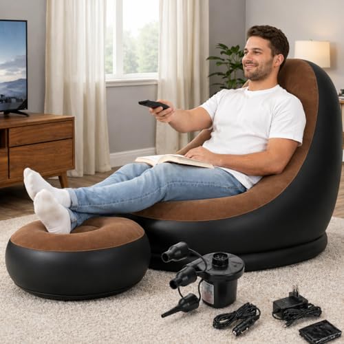Image of Inflatable Lounge Chair for Adults with Ottoman, Foldable Air Sofa Couch, Portable Blow Up Chair for Living Room Bedroom, Comfortable Indoor Seating, 150 kg Capacity (Coffee)