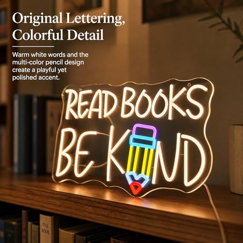 Image of inchRead Books Be Kind inch Classroom LED Neon Sign | 16.5 inch x 10.4 inch, Pencil Wall Decor, Inspirational Quote Light, Library Classroom Study Room Home Office