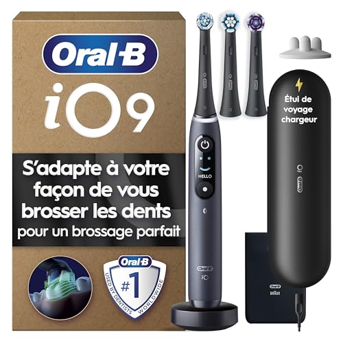 Oral-B iO 9 Brosse À Dents Électrique Noire, Un Capteur De Pression Pour Protéger Les Gencives Sensibles, Des Accessoires, 2 Brossettes De Rechange, 1 Chargeur, 1 Étui De Voyage, 1 Pochette Noire