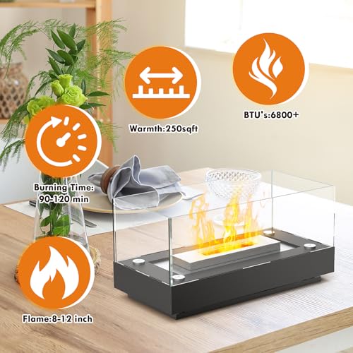 Euakee Tischkamin, Tischfeuer für Indoor & Outdoor, Bio Ethanol Kamin mit 4-Fach-Sicherheitsglas, 2h Brenndauer, Ethanol Tischkamin für Wohnzimmer, Balkon Deko, Gartendeko