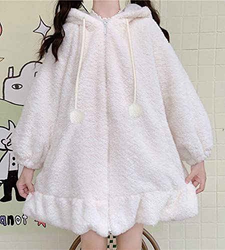 Bzb Kawaii Anime Bunny Ear Hoodies For Women Sweet Lovely Fuzzy Fluffy Rabbit Sweater Tops Cosplay Jacket Coats White #TOP1