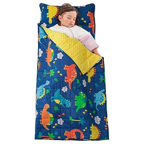 Sivio Schlafsack Kinder mit Gewichtsdecke 1,3 kg und Kissen Abnehmbar, Kinder Schlafsack für Kleinkinder Jungen und Mädchen, Ideal für Kindertagesstätte, Kindergarten, Blau Dinosaurier, 130 x 50 cm Cover