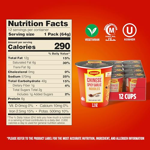 Image of Maggi Chinese Spicy Garlic Noodles, Cup of Noodles, Instant Ramen 3 min, Vegetarian, Halal, Kosher, 12 Pack