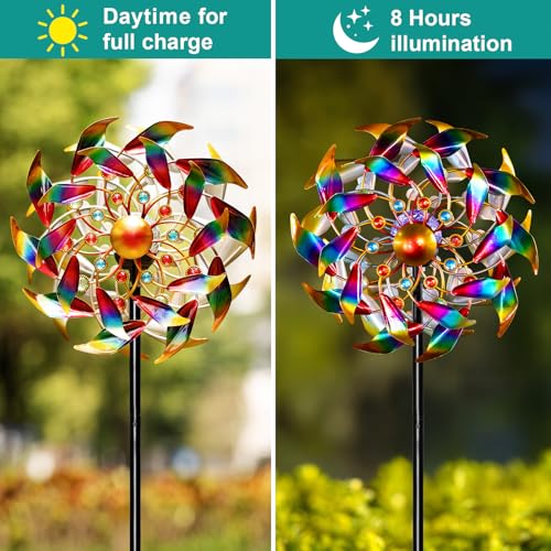 Image of Solar Wind Spinners for Yard and Garden - 360 Metal Large Wind Sculptures Outdoor Clearance Kinetic Windmills with 4 Layer Jeweled Blades for Patio, Lawn Garden Decoration - 54Inch