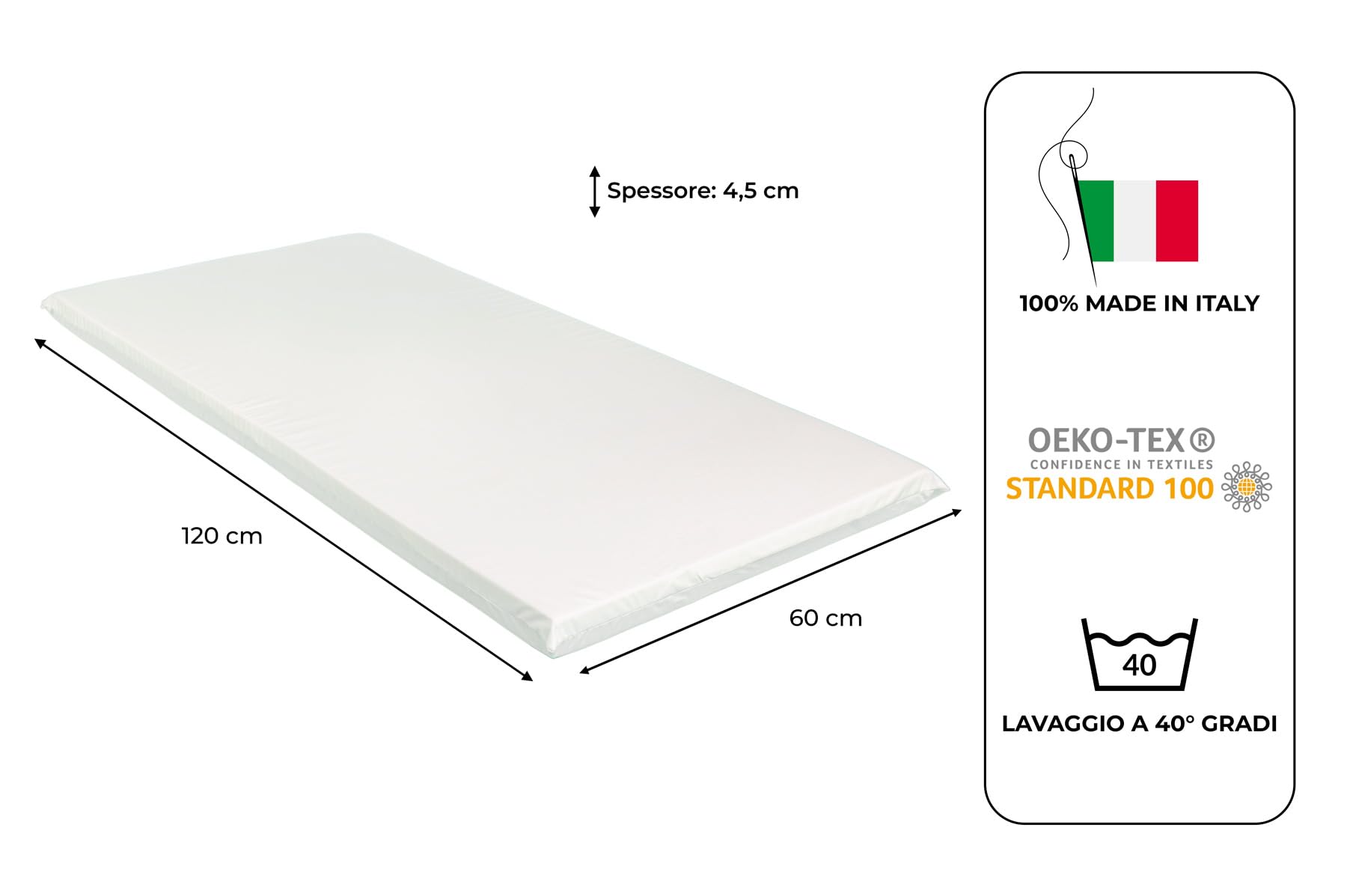 GHIOCUSCINI | Materasso Culla Neonato, Culla Pieghevole CAMPEGGIO, Materasso Bambino 100% Cotone, Fantasia BIANCO, Sfoderabile e Lavabile, 60 x 120 cm, Alto 4.5 cm, Made in Italy