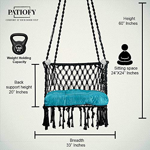 Image of Patiofy Made in India Premium Cotton C-Swing Chair for Adults, Kids Hammock-Hanging Chair Swing with Blue Color Cushion and Accessories (Black-Blue)