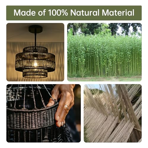 Image of 12.4 inch Black Boho Rattan Chandelier Light Fixture, 1-Light Hand Woven Pendant Light Fixture Farmhouse Rustic Hanging Lamp for Kitchen Island Bedroom, Dining Room, Living Room, Entryway, Foyer