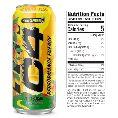 Image of C4 Performance Energy Drink, Mango Fuego, Zero Sugar Carbonated Preworkout Energy, 200mg Caffeine with Beta Alanine, 16 Fl Oz (12 Pack)
