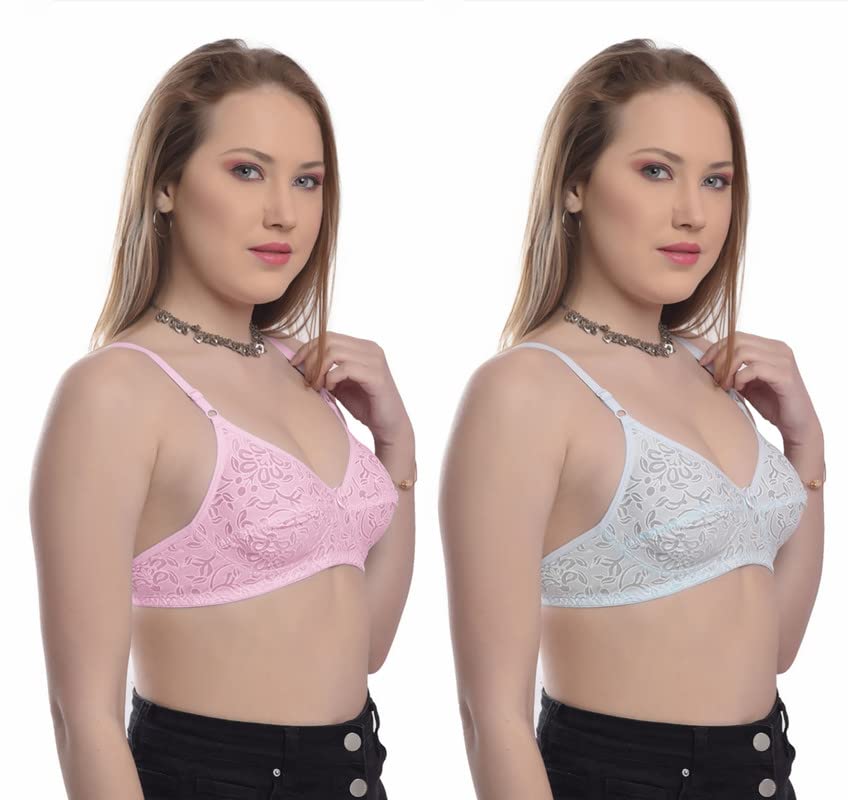 Image of FEELS Printed Non Padded Bra for Women Pack of 2 (34, Pink & Sky Blue)