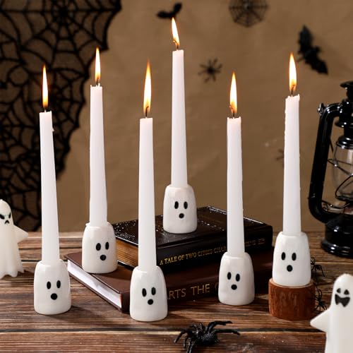 GlikCeil 6 Pcs Halloween Ghost Candlestick Holders, Depth of 2.3 in, Ceramic, Halloween Taper Candleholder Cute Ghost Candle Stick Holders for Wedding Party Office Home Table Centerpiece Decorative