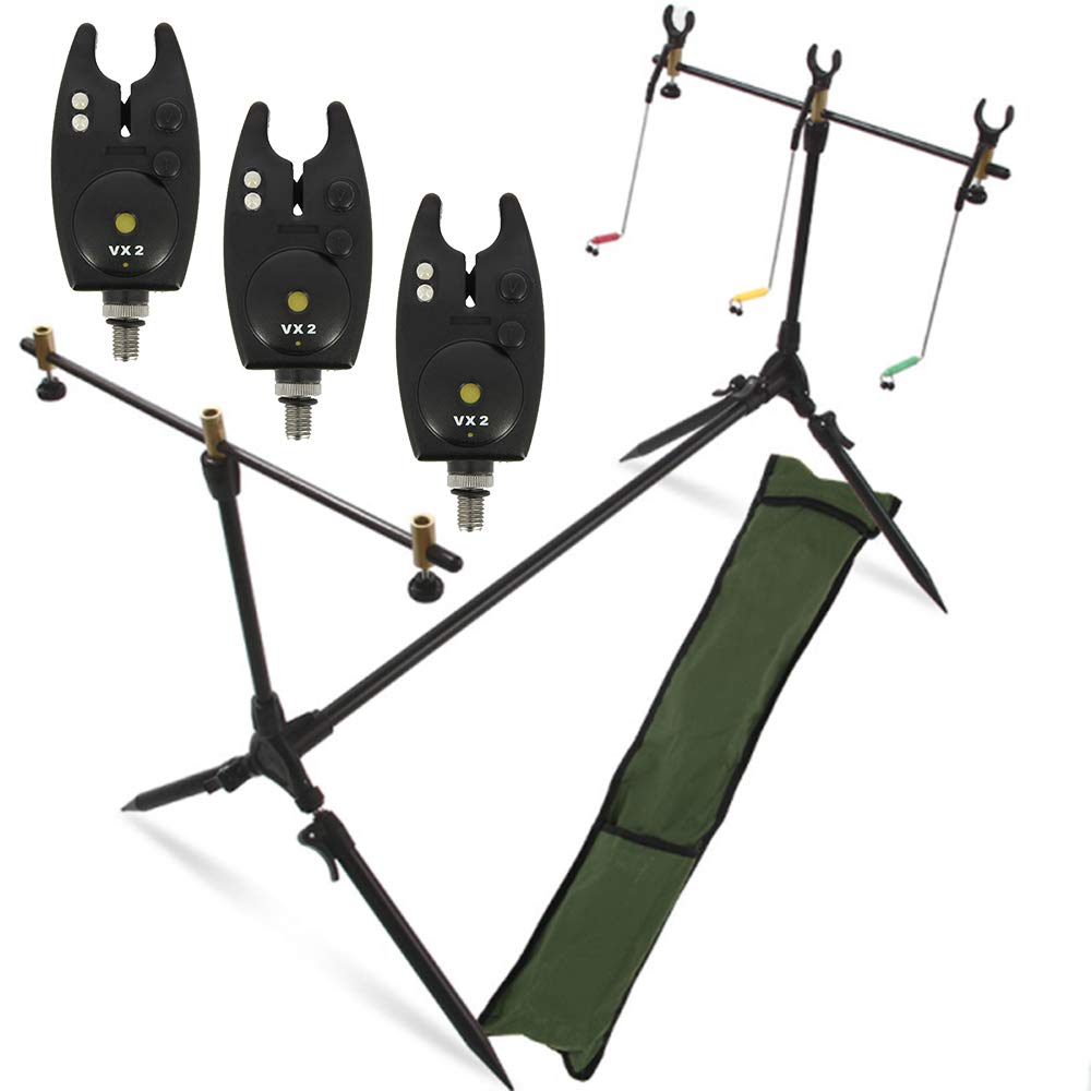 G8DS® Set Rod Pod Rutenhalter + Tragetasche inklusive 3 Bissanzeiger mit Lautstärke- und Tonregler Karpfen Angeln