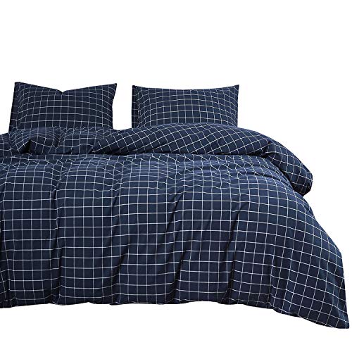 Wake In Cloud - Navy Grid Comforter Set, Navy Blue with White Grid