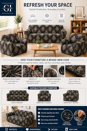 Image of Gifts Island Sofa Cover 3 Seater and 2 Seater Fully Covered Universal 5 Seater Sofa Cover Non-Slip Sticky Elastic Stretchable Sofa Set Slipcover Protector for (3+1+1 Seater), Brown Damask