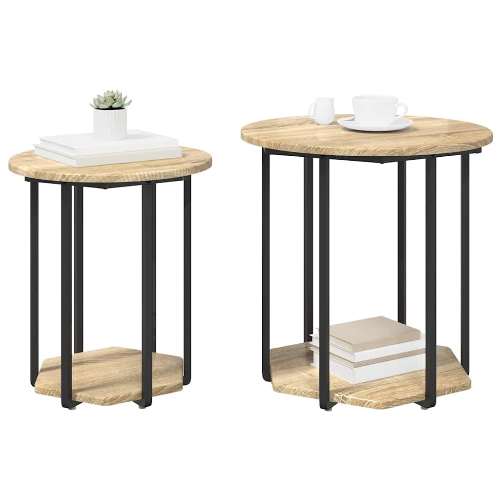 Juego de 2 mesas auxiliares de diseño industrial, juego de mesa de centro de madera y metal, mesa de salón con estante, mesa de café marrón, mesa auxiliar para sofá y sillón