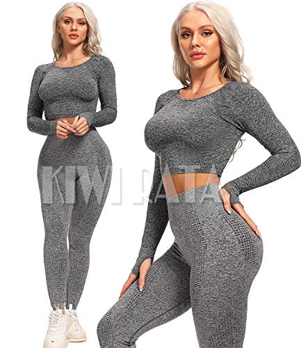 Image of KIWI RATA Long Sleeve Workout Crop Top for Women Gym Compression Shirts Thumb Hole Seamless Yoga Crop T Shirt Top, Grey, Large