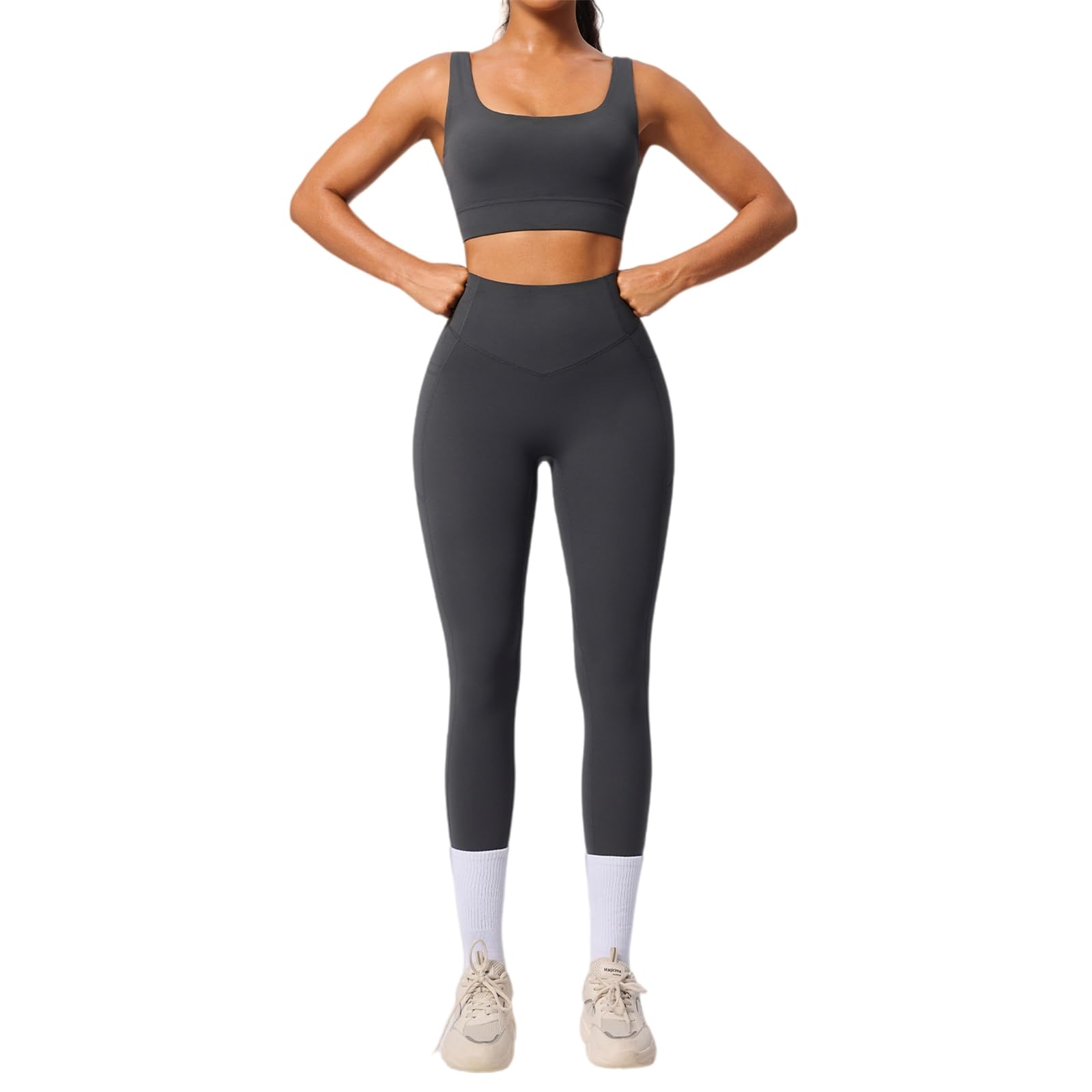 Ensemble d'entraînement 2 pièces pour femme avec soutien-gorge de sport rembourré et col carré pour le yoga, la gym, les débardeurs, les pantalons avec poches