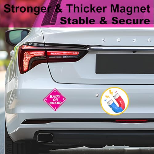Image of 2 Pack Baby on Board Magnet for Car, Magnetic Safety Sign with Reflective, Strong Car Magnet Sticker, Waterproof Baby in Car Sign for Dad Mom, Easy to Attach and Remove 4.7 Inch(Pink- 2 Pack)