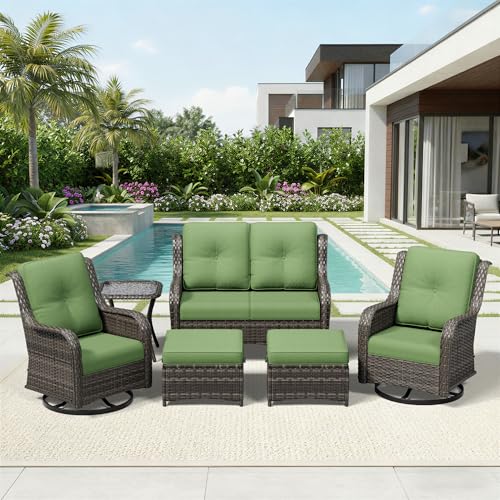 Image of Joyside 6 Piece Wicker Patio Furniture Set, Outdoor Swivel Rocker Patio Chairs with High Back, Deep Seating, Wide Armrest, Thickened Cushions, Outdoor Furniture for Deck, Porch Use