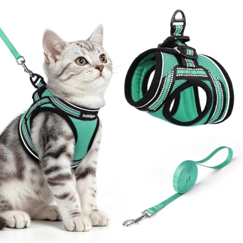 Image of rabbitgoo Cat Harness and Leash Set, Step-in Soft Vest, Green | Escape Proof, Lightweight, Easy-on & Adjustable, Hook & Loop with Buckle, Reflective, for Kittens & Small Cats Walks, M