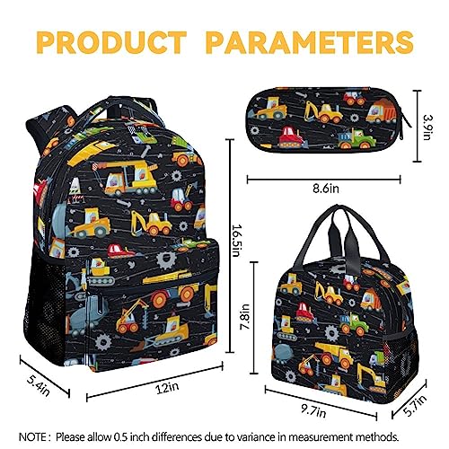 Construction Backpack with Lunch Box, Set of 3 School Backpacks Matching Combo, Cute Lightweight Truck Excavator Bookbag and Pencil Case Bundle4