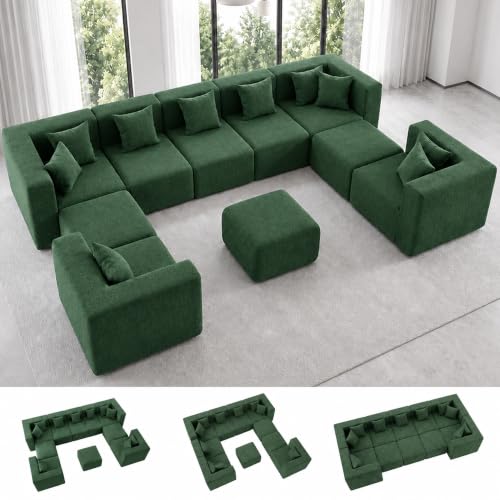 Image of MONVANE 158 inch U-Shaped 10 Seat Modular Sectional Cloud Couch, Forest Green | Sectional Couches for Living Room, High Supportive Backrests, Movable Ottomans, Deep Seat, No Assembly Required