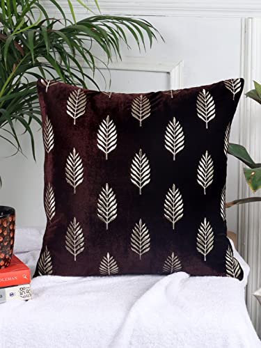 Image of Decoghar Brown Handmade Sofa Cushion Covers | Golden Zari Leaf Embroidered Square Throw Pillow Cushion Cover | | 16 X 16 Inch | Pack of 3