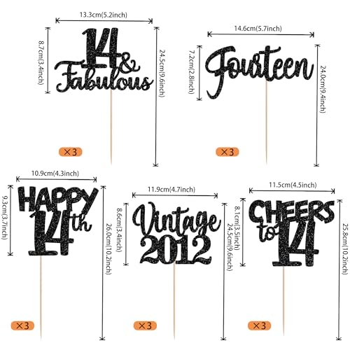 Image of 15 PCS 14th Birthday Centerpiece Sticks Fourteen Happy 14 Vintage 2012 Table Flower Centerpieces Sticks Cheers to 14 Fabulous Floral Decorations for 14th Birthday Party Supplies Black