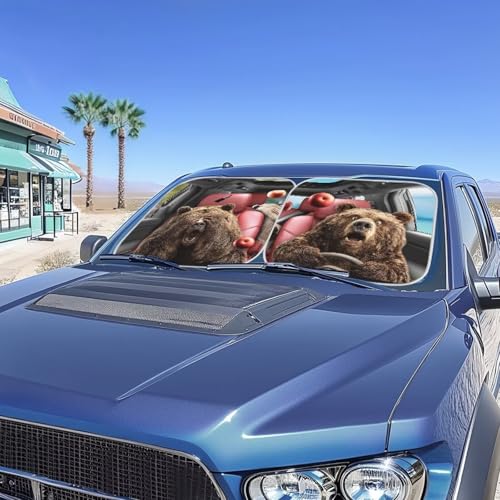 Image of Windshield Sun Shade Folding Funny Bear Drive Automotive Windshield Sunshades Heat Shield Auto Sun Visor, Auto Sun Heat and UV Rays Blocker Keep Your Car Cool, 28.5 inchx25.5 inch