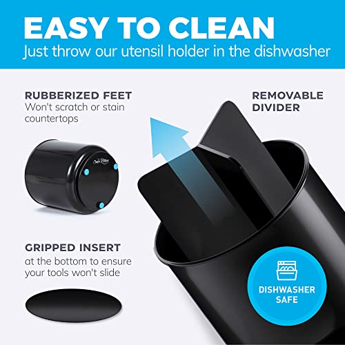 Rotating Plastic Extra Large Utensil Holder Crock With Weighted Base, Removable Divider, And Gripped Insert - Dishwasher Safe Kitchen Utensil Holder For Kitchen Counter: Cooking Black Utensil Caddy #TOP3