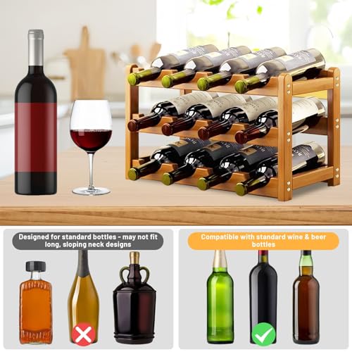 Wooden Wine Rack 12 Bottles Wine Storage Holder 3 Tier Free Standing Retro Wine Display Shelf Wine Bottle Organiser Water Bottle Holder for Cabine Cupboard Countertop Kitchen Bar Cellar - Image 6
