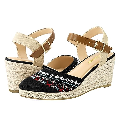 Image of PIZZ ANNU Women's Espadrille Low Wedge Heel Sandals with Buckle Ankle Strap Close Toe Casual Dressy Summer Platform Shoes
