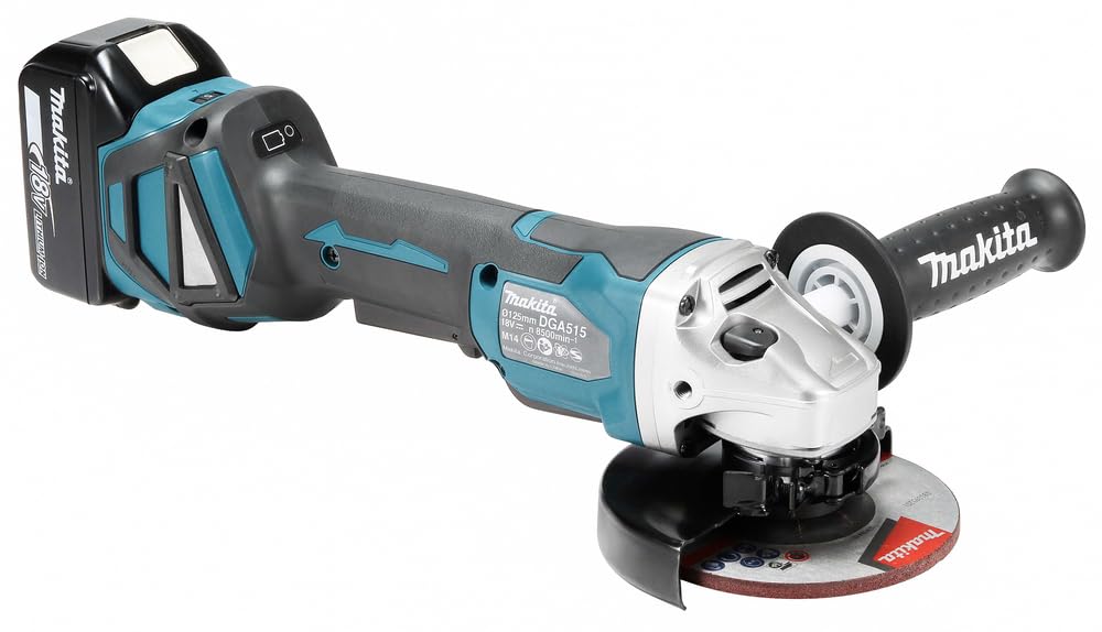 Makita DGA515RTJ Smerigliatrice angolare a batteria 18 V con interruttore a paddle / 5,0 Ah, 2 batterie + caricatore in MAKPAC