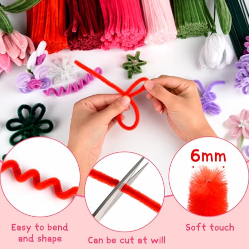 Image of ASTARON 521 Pcs 5 Colors Art Chenille Stems Pipe Cleaners Flower Making Kit | Red Series Craft Pipe Cleaners,20 Floral Wires,Green Gardening Tape, Flowers Making Kit,Polyester Fluffy Pipe Cleaners Set