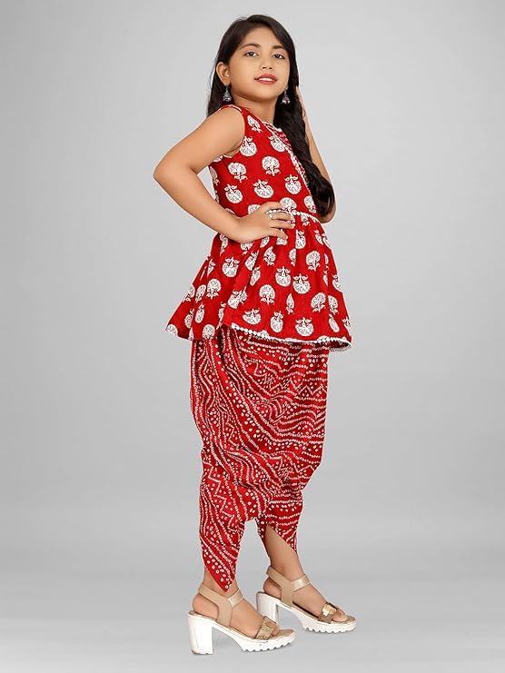 Image of Suhana Fashion Girls Dress Girls Cotton Kurti Top with Dhoti Kurta Set & Dupatta